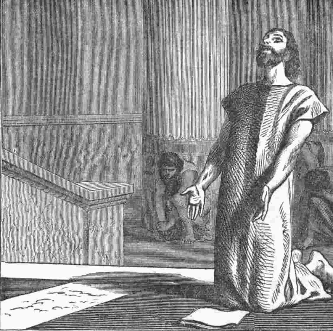 A sketch of a man on his knees in sackcloth